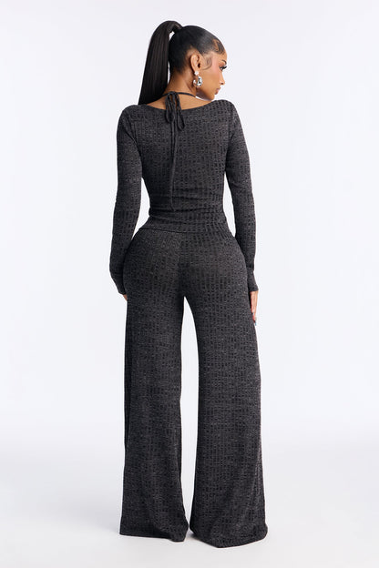 Tempting Fate Lace Bra Ribbed Pant Set - Charcoal