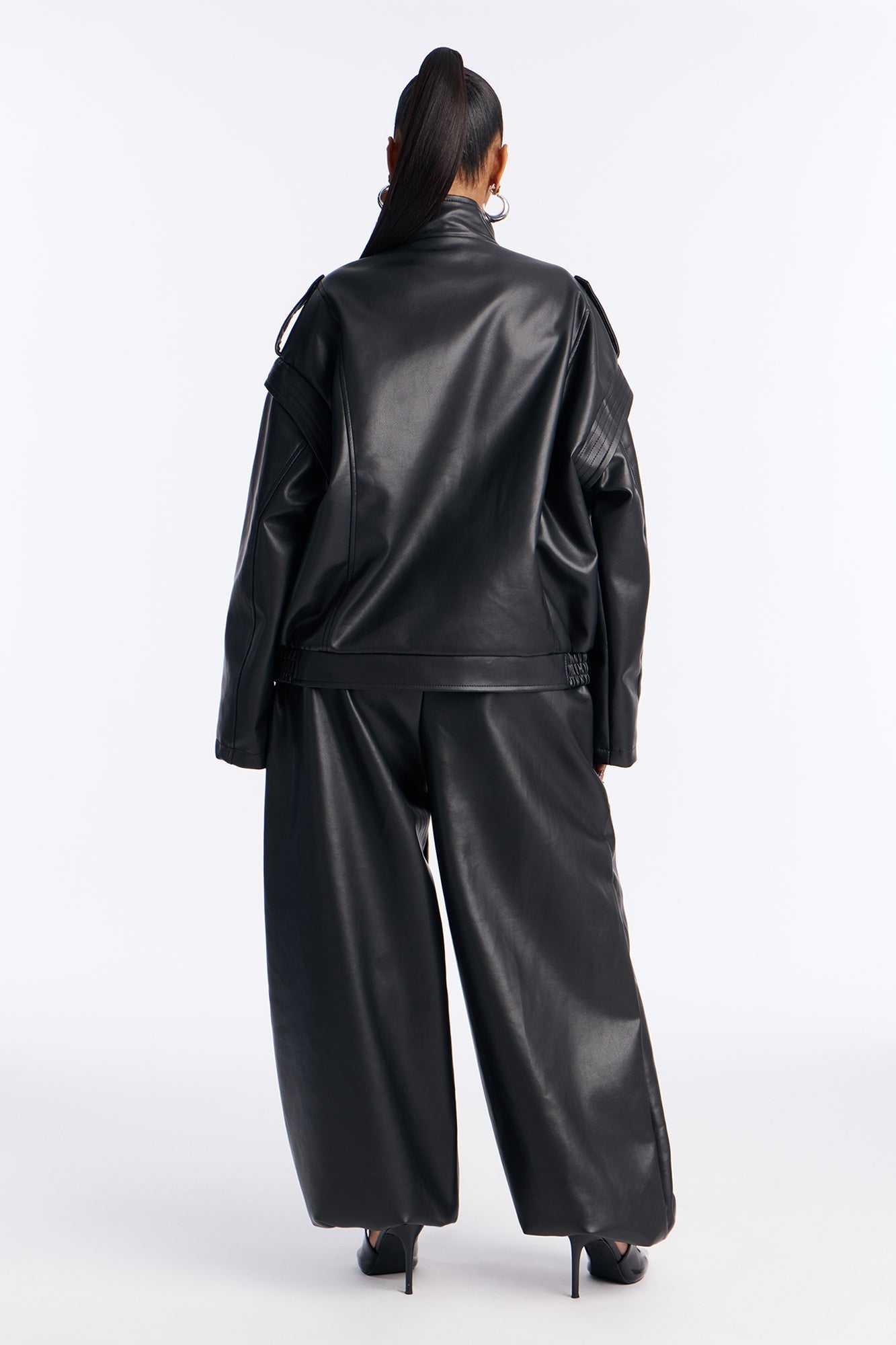 Run The Streets Faux Leather Jogger Set - Black