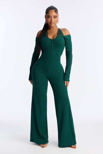 Tilly Ribbed Lace Trim Jumpsuit - Green