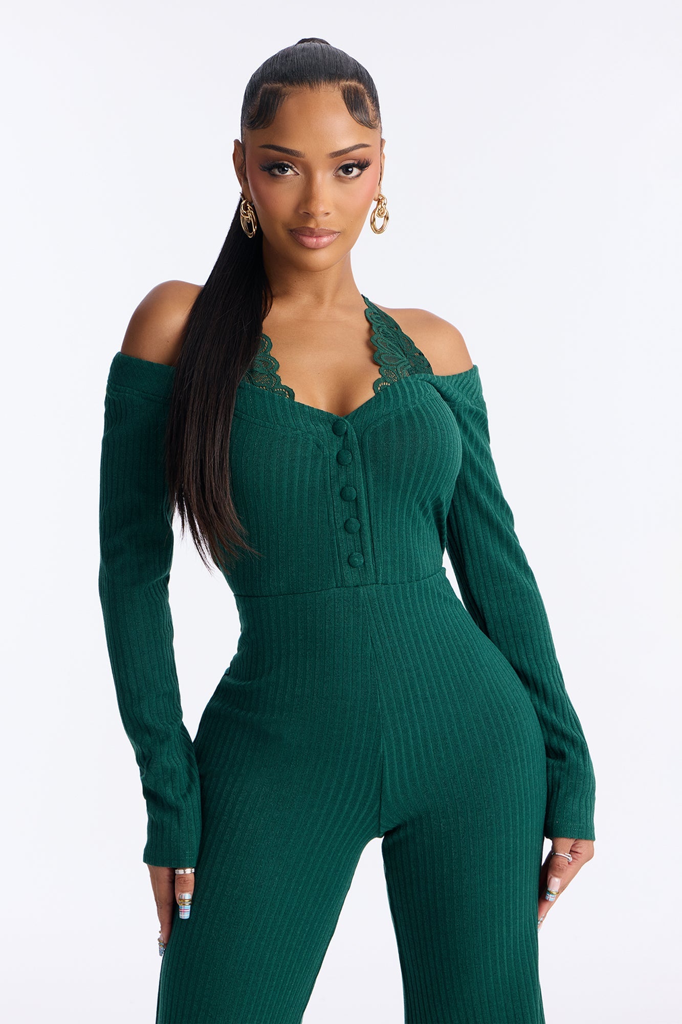 Tilly Ribbed Lace Trim Jumpsuit - Green