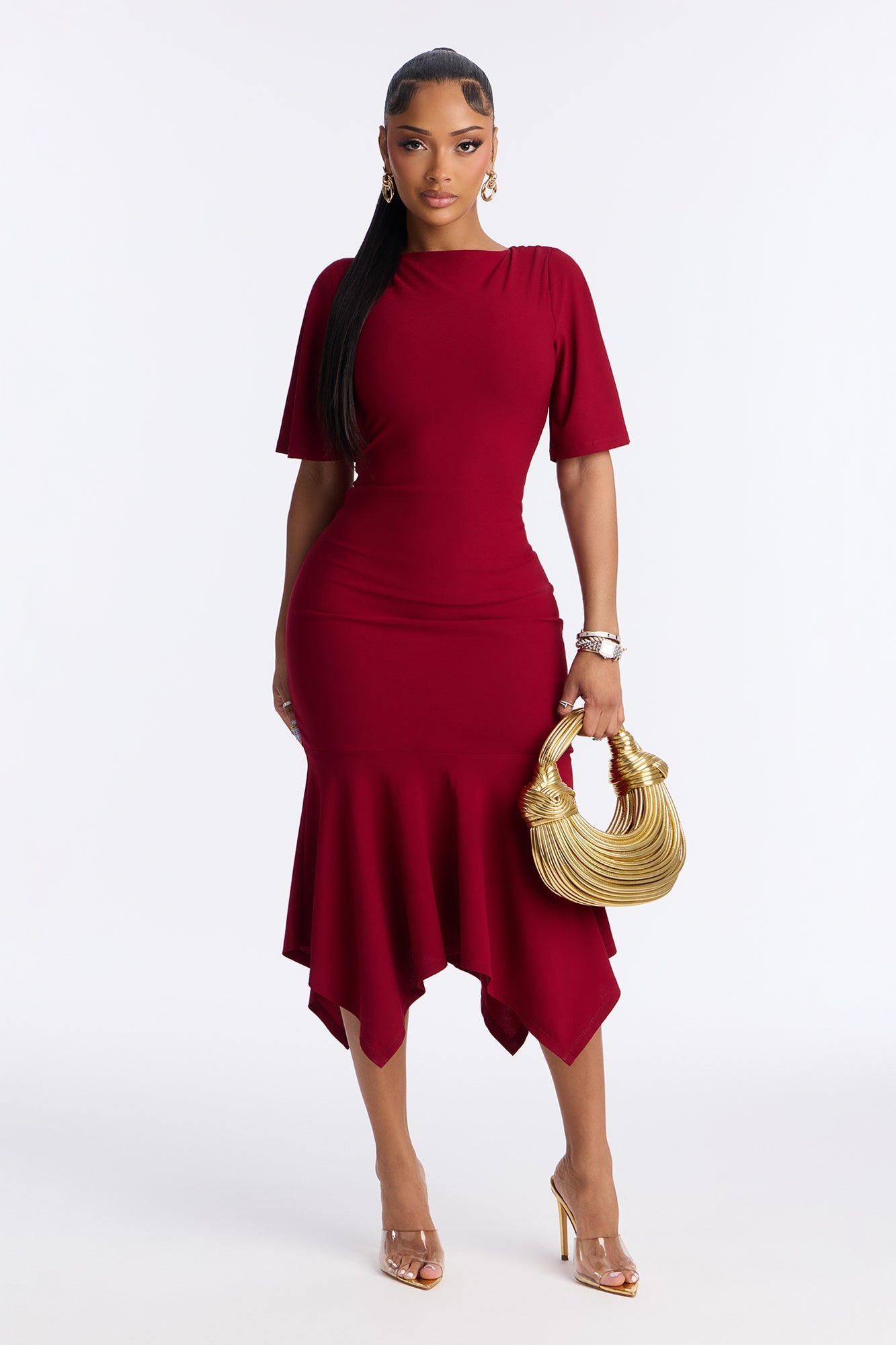 Audrina Asymmetrical Mermaid Midi Dress - Wine