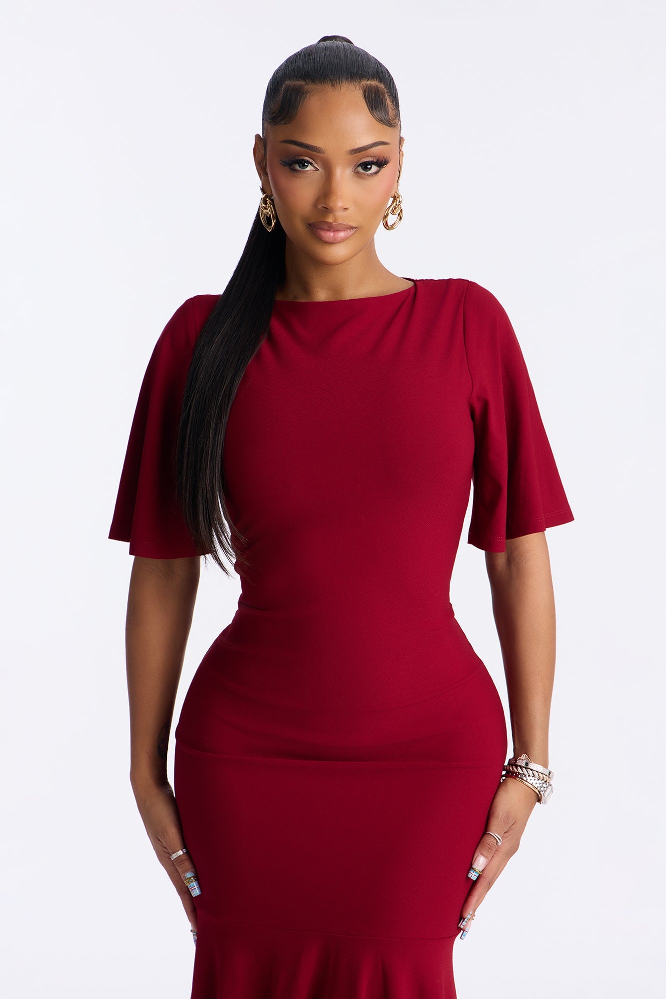 Audrina Asymmetrical Mermaid Midi Dress - Wine