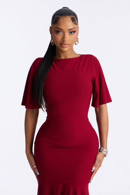 Audrina Asymmetrical Mermaid Midi Dress - Wine