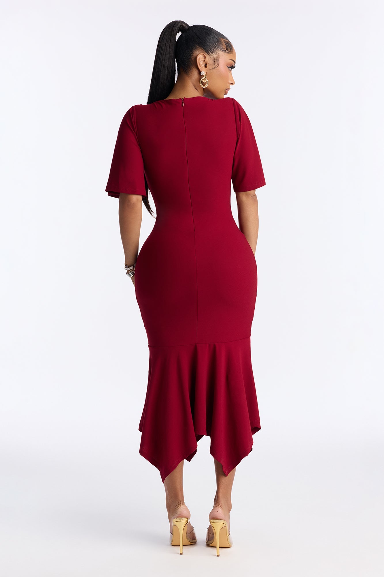 Audrina Asymmetrical Mermaid Midi Dress - Wine