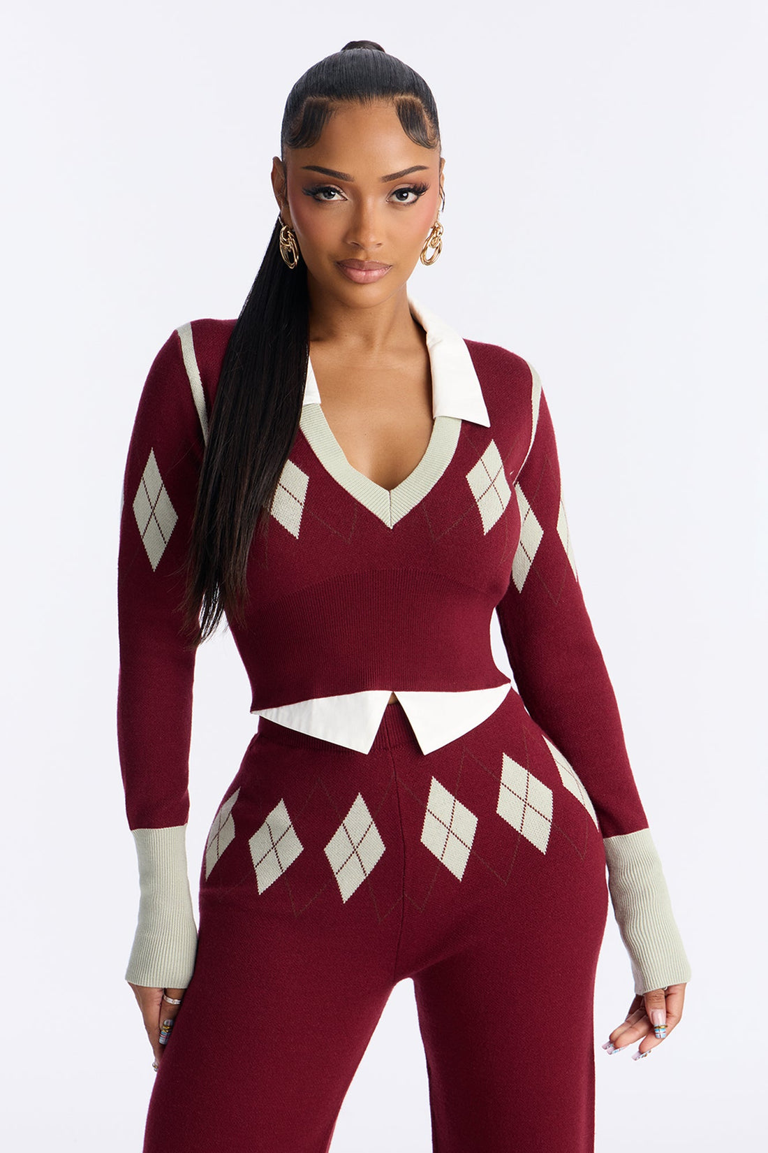 Camila Plaid Sweater Pant Set - Burgundy