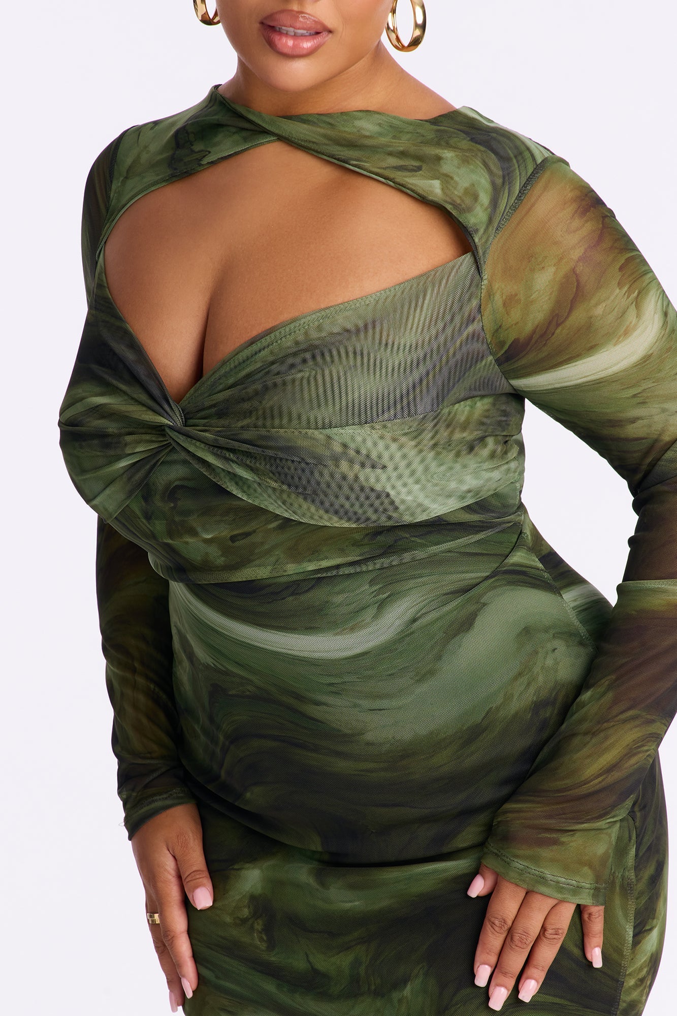 Harlow Long Sleeve Mesh Midi Dress - Olive