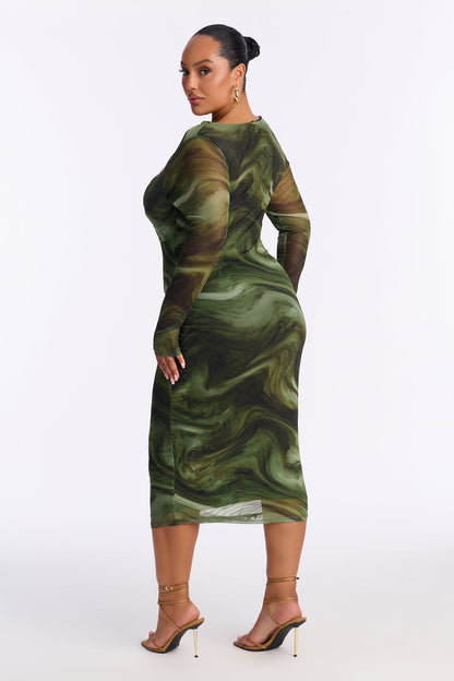 Harlow Long Sleeve Mesh Midi Dress - Olive