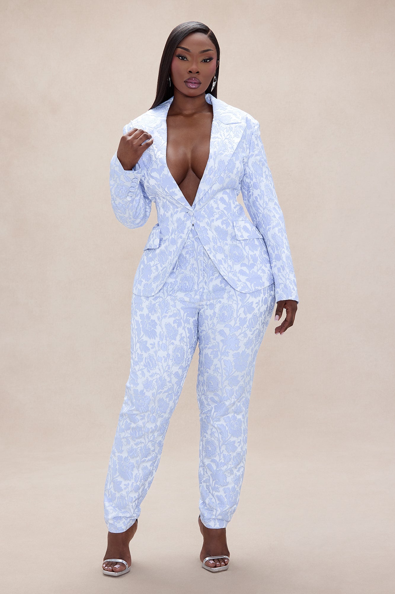 Charlotte Floral Jacquard Blazer Pant Set - Light Blue