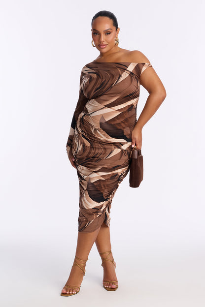 Veda Ruched Printed Midi Dress - Brown/combo
