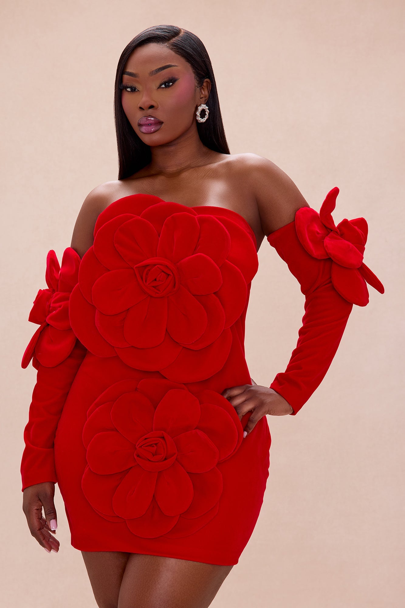 Bianca Floral Applique Velvet Mini Dress - Red