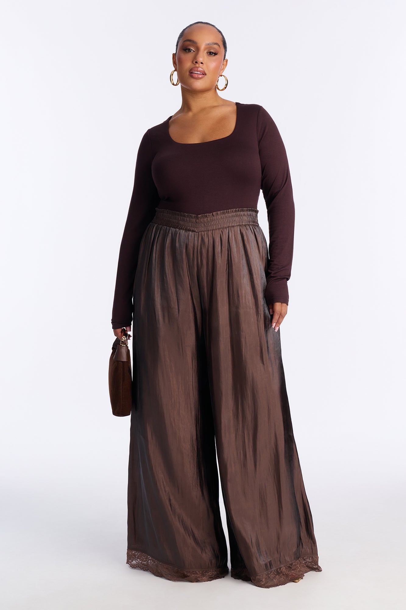 Miriam Satin Lace Trim Wide Leg Pant 32″ - Chocolate