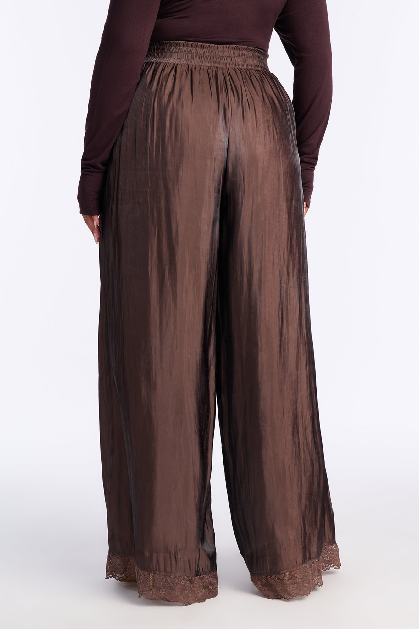 Miriam Satin Lace Trim Wide Leg Pant 32″ - Chocolate