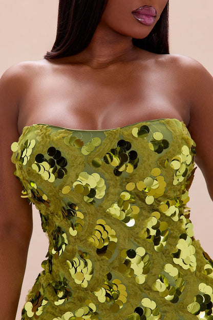 Lana Strapless Sequin Midi Dress - Olive