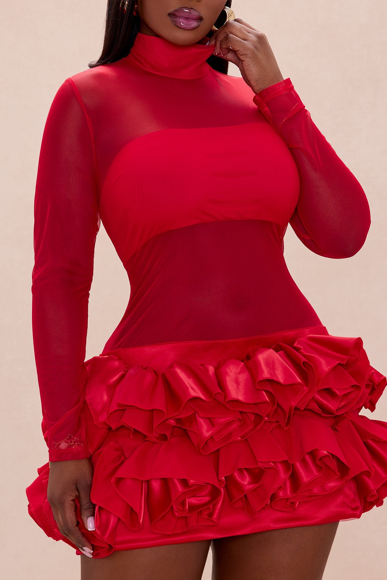 Karolina Sheer Floral Applique Mini Dress - Red