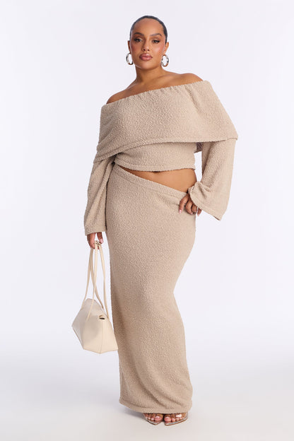 Double Date Off Shoulder Sweater Maxi Skirt Set - Taupe