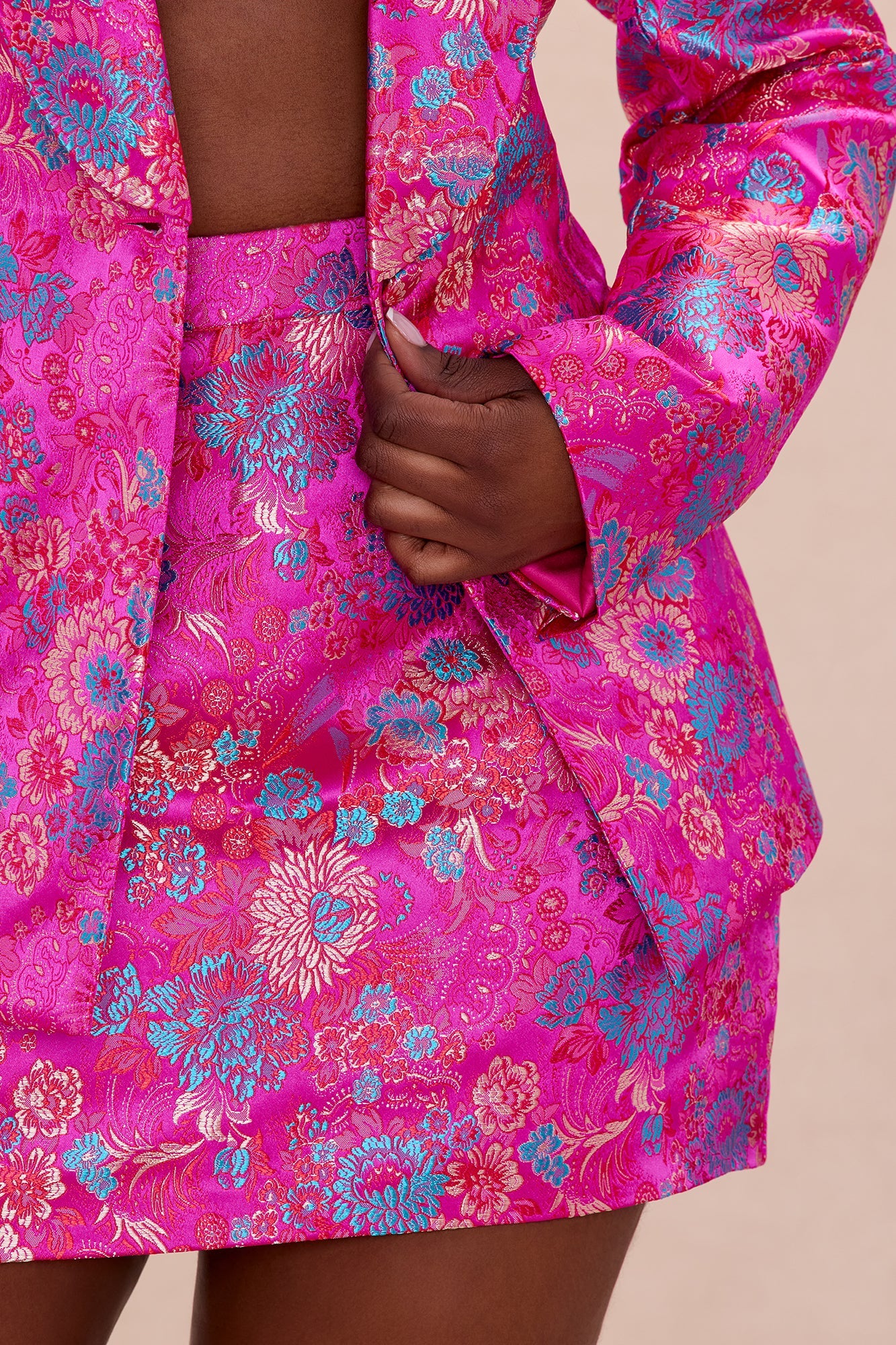 Brenda Satin Floral Embroidered Skirt Set - Hot Pink