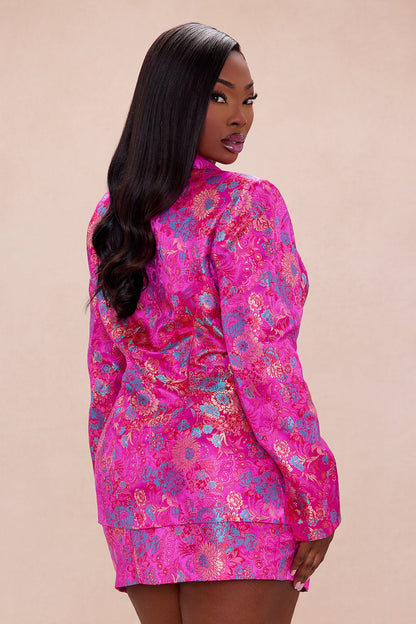 Brenda Satin Floral Embroidered Skirt Set - Hot Pink