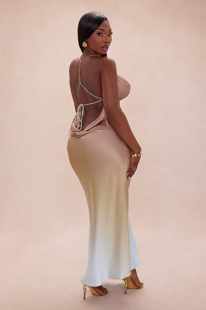 Just Saying Backless Satin Maxi Dress - Brown/combo