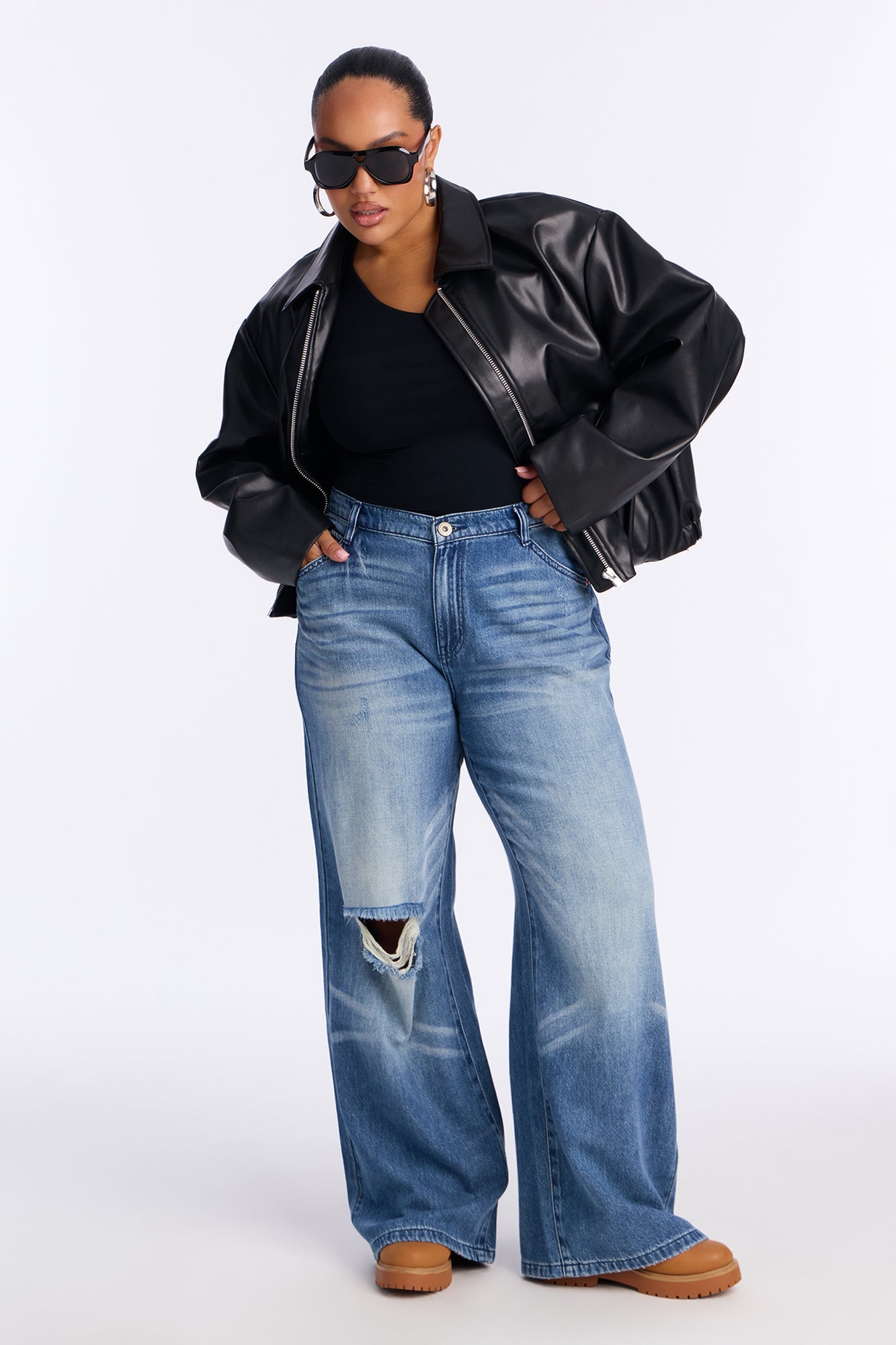 Denver Drapey Ripped Baggy Jeans - Dark Wash