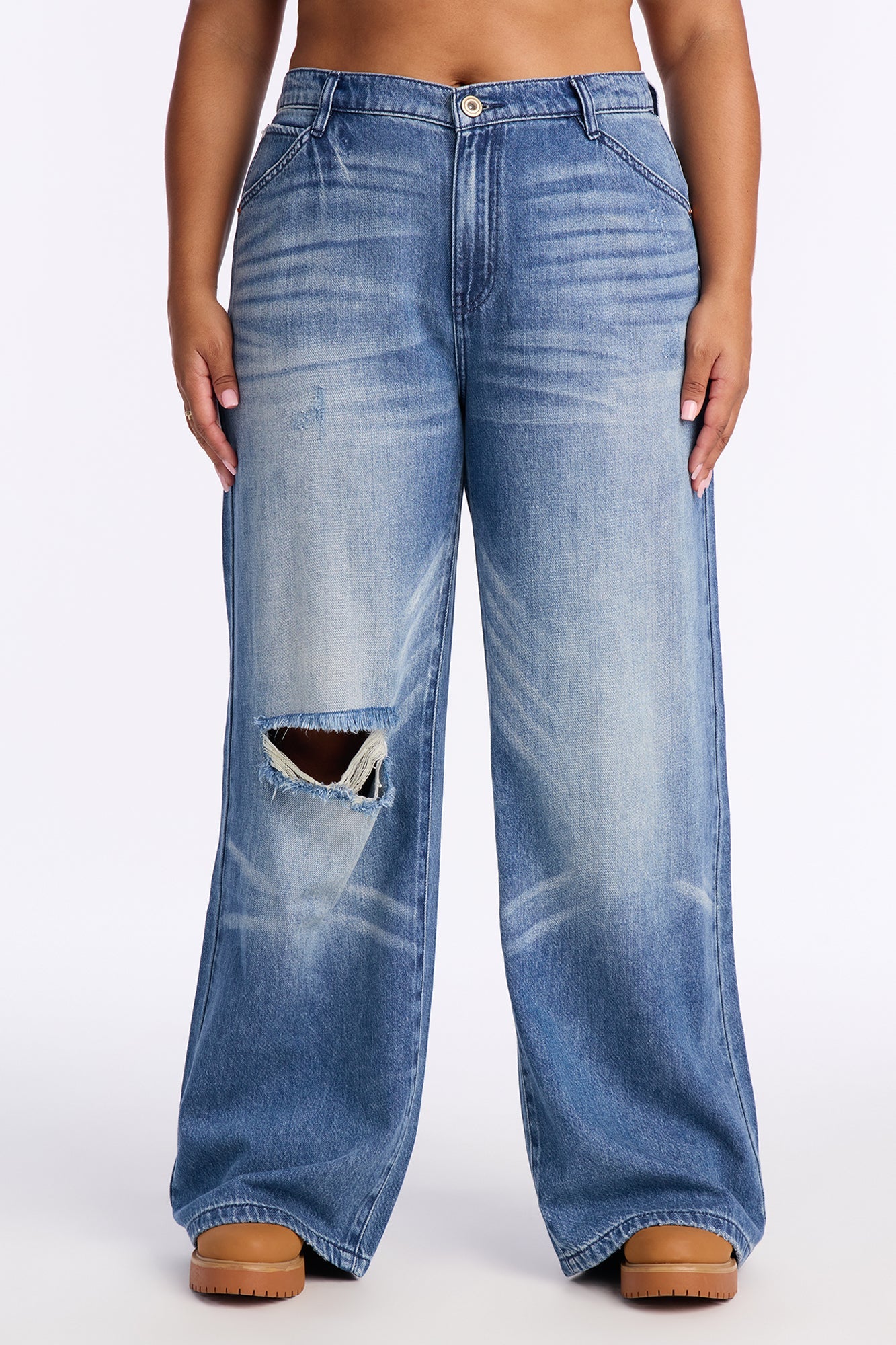 Denver Drapey Ripped Baggy Jeans - Dark Wash