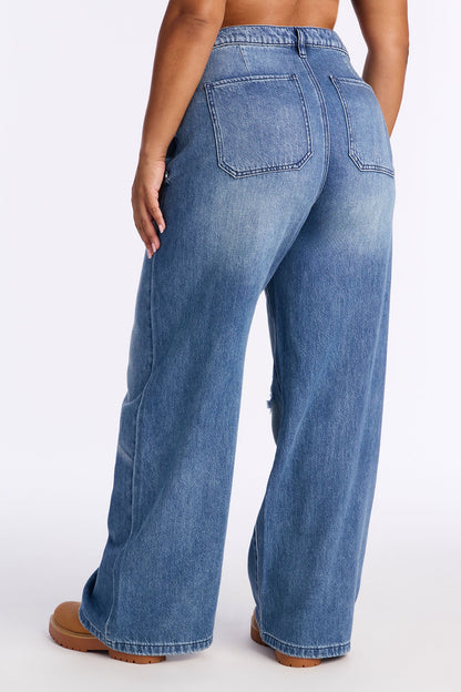 Denver Drapey Ripped Baggy Jeans - Dark Wash