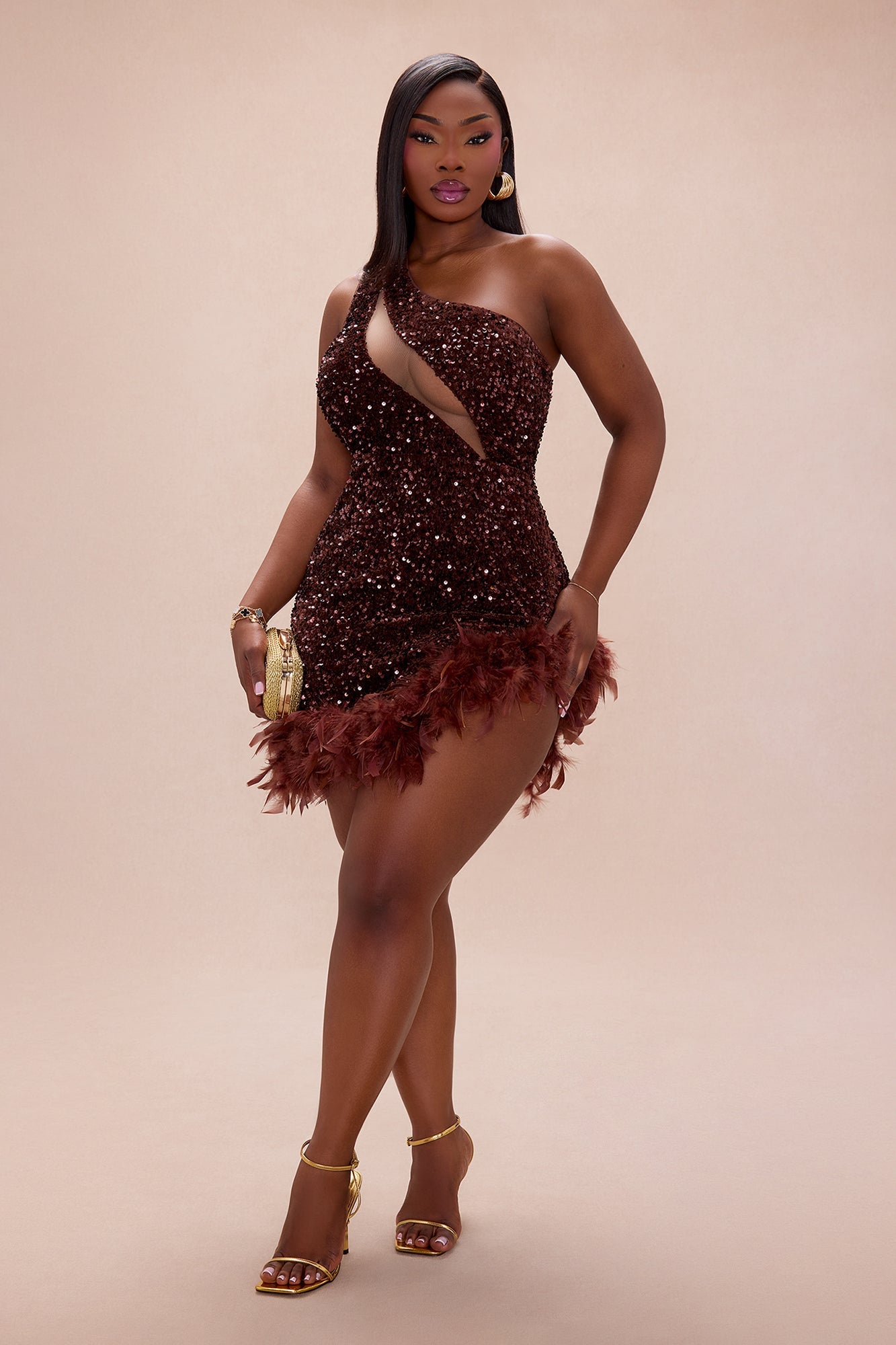 Esme Sequin Feather Mini Dress - Chocolate