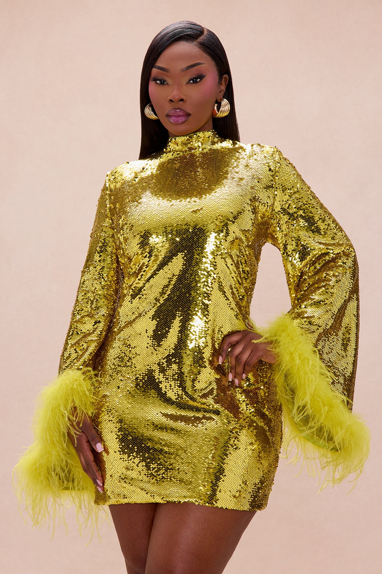 Robyn Sequin Feathered Long Sleeve Mini Dress - Chartreuse
