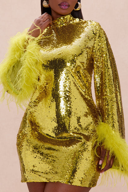 Robyn Sequin Feathered Long Sleeve Mini Dress - Chartreuse