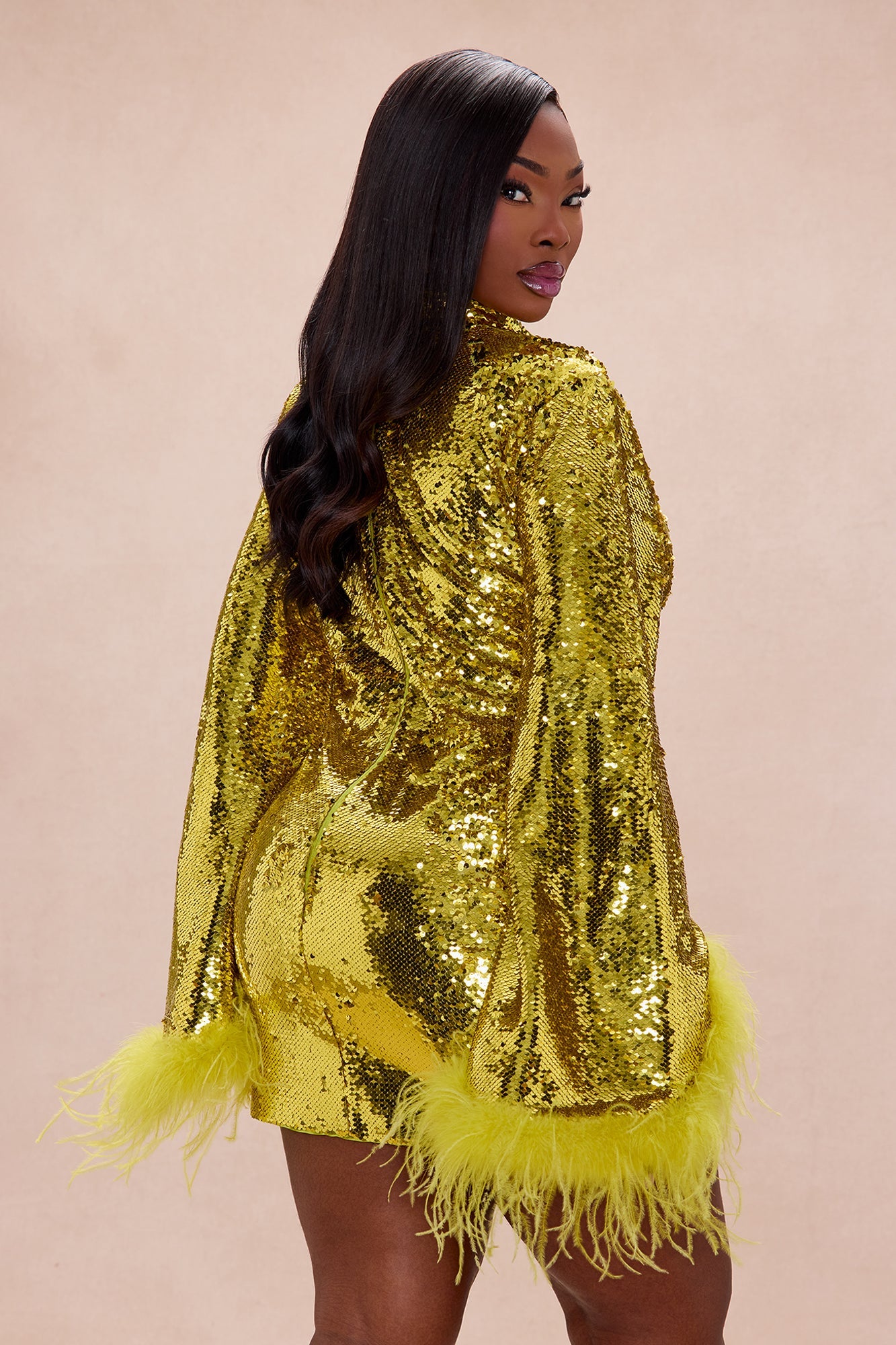Robyn Sequin Feathered Long Sleeve Mini Dress - Chartreuse