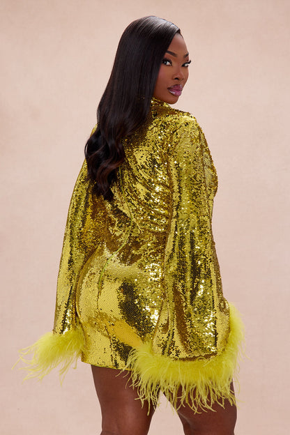 Robyn Sequin Feathered Long Sleeve Mini Dress - Chartreuse