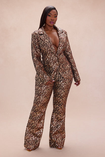Delphine Leopard Sequin Flare Pant - Leopard