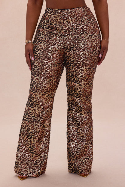 Delphine Leopard Sequin Flare Pant - Leopard