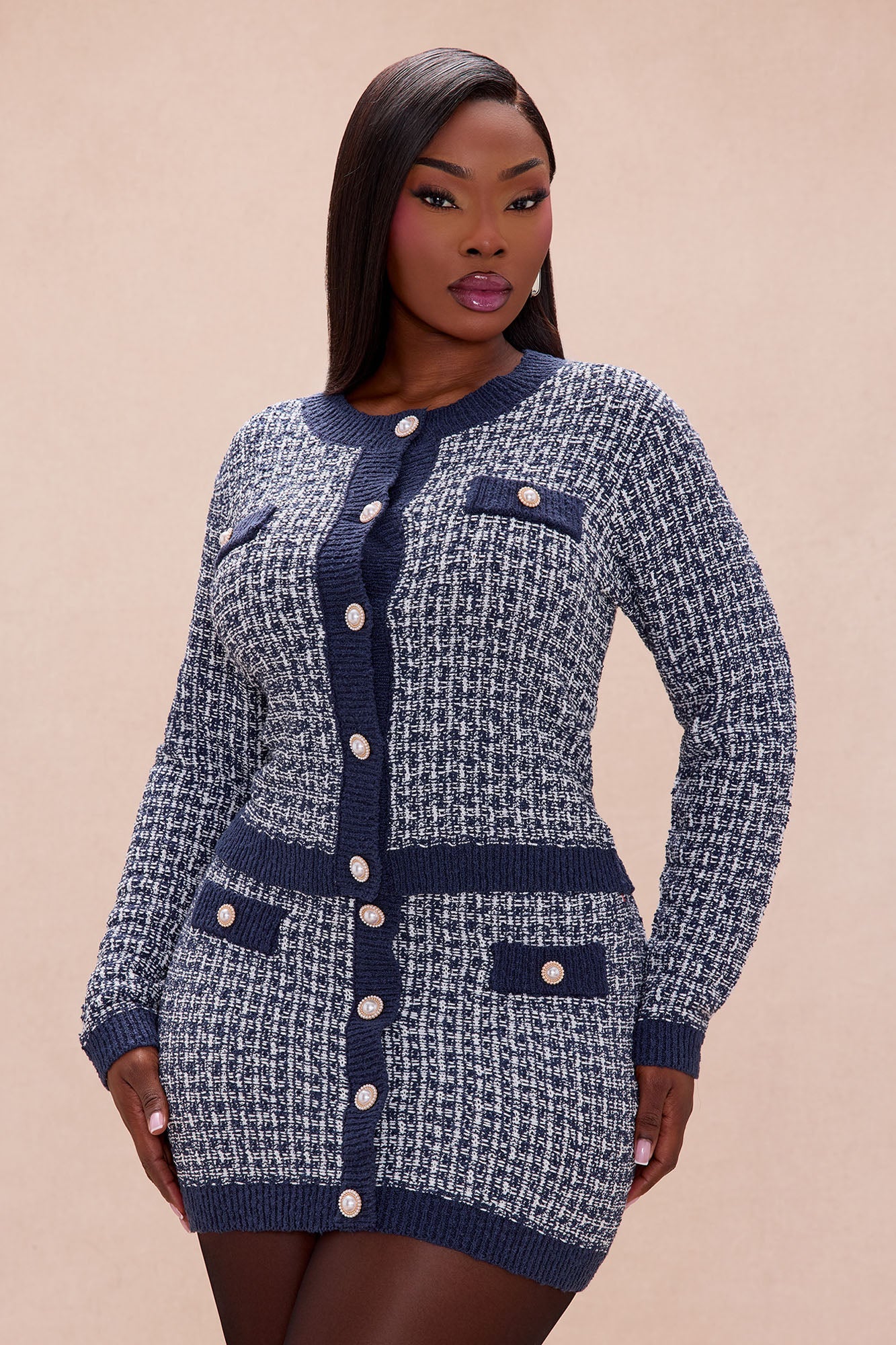 Penelope Tweed Cardigan Skirt Set - Navy