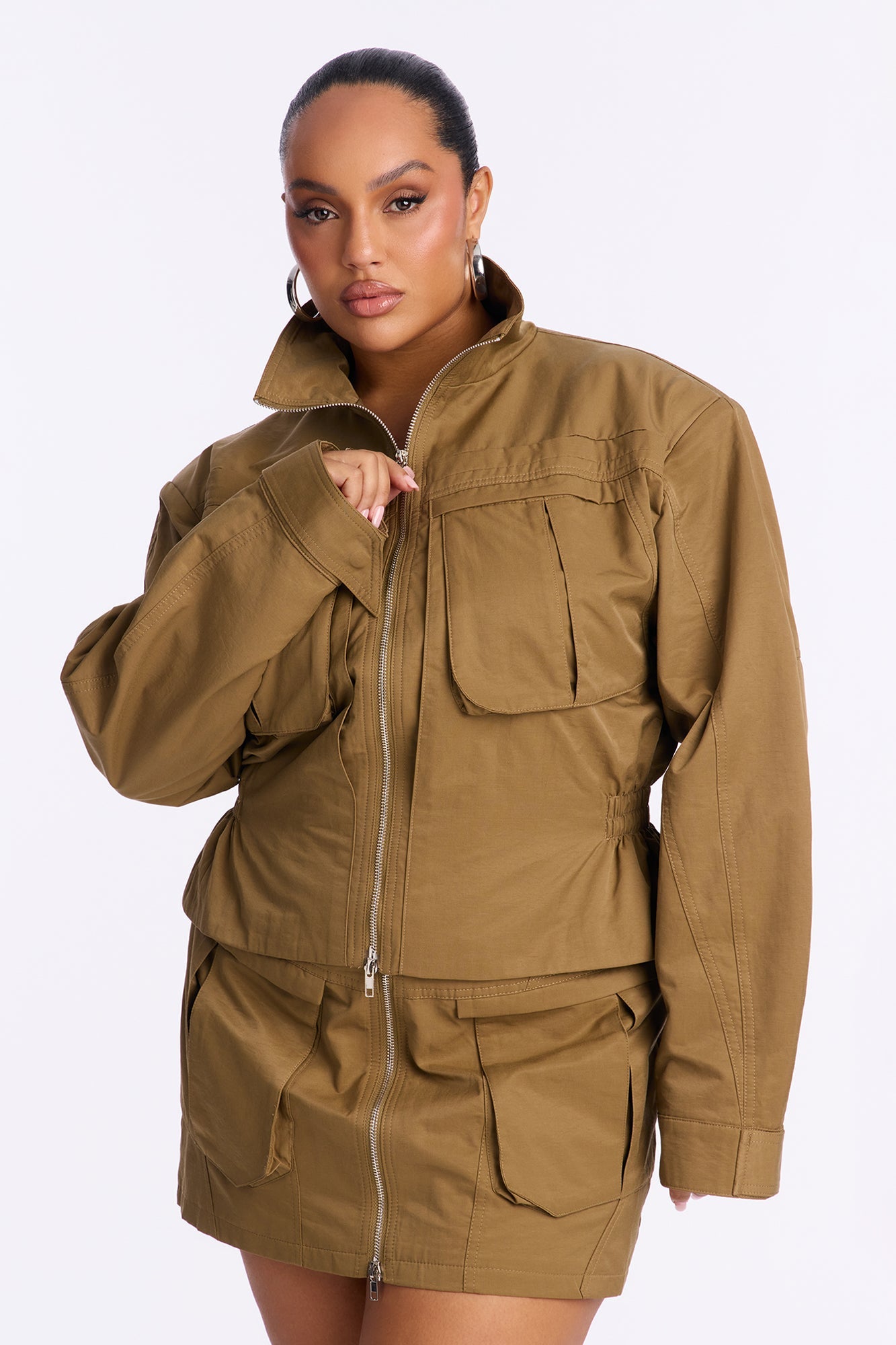 Got Your Attention Cinched Waist Utility Jacket - Olive