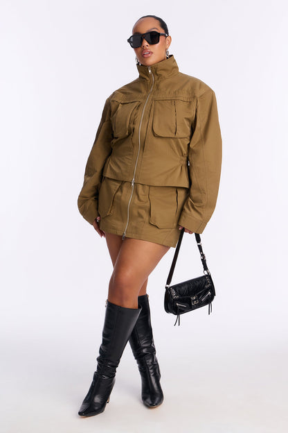 Got Your Attention Cinched Waist Utility Jacket - Olive
