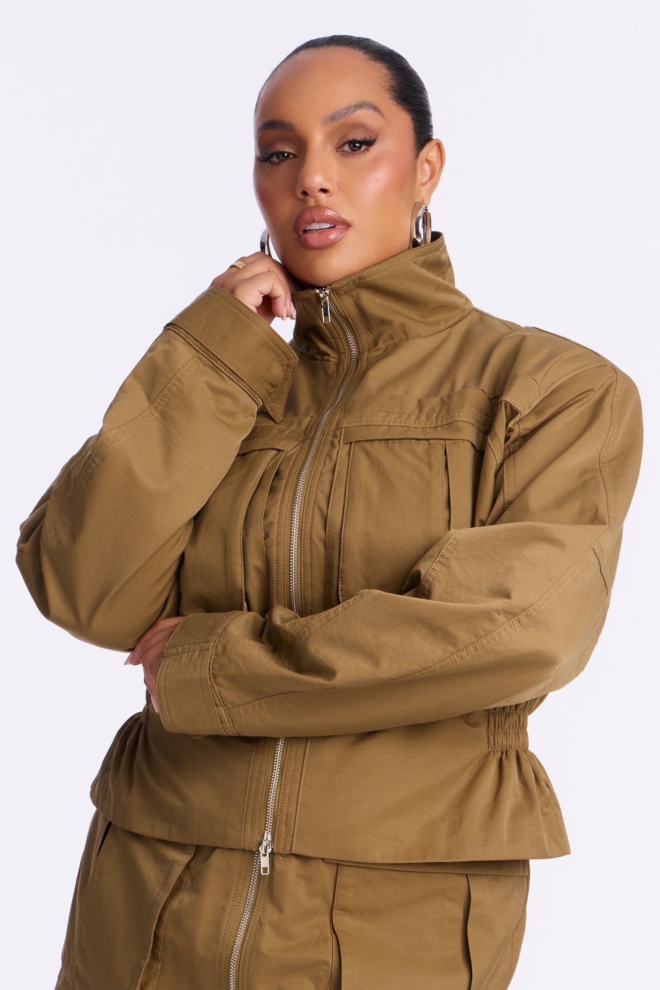 Got Your Attention Cinched Waist Utility Jacket - Olive