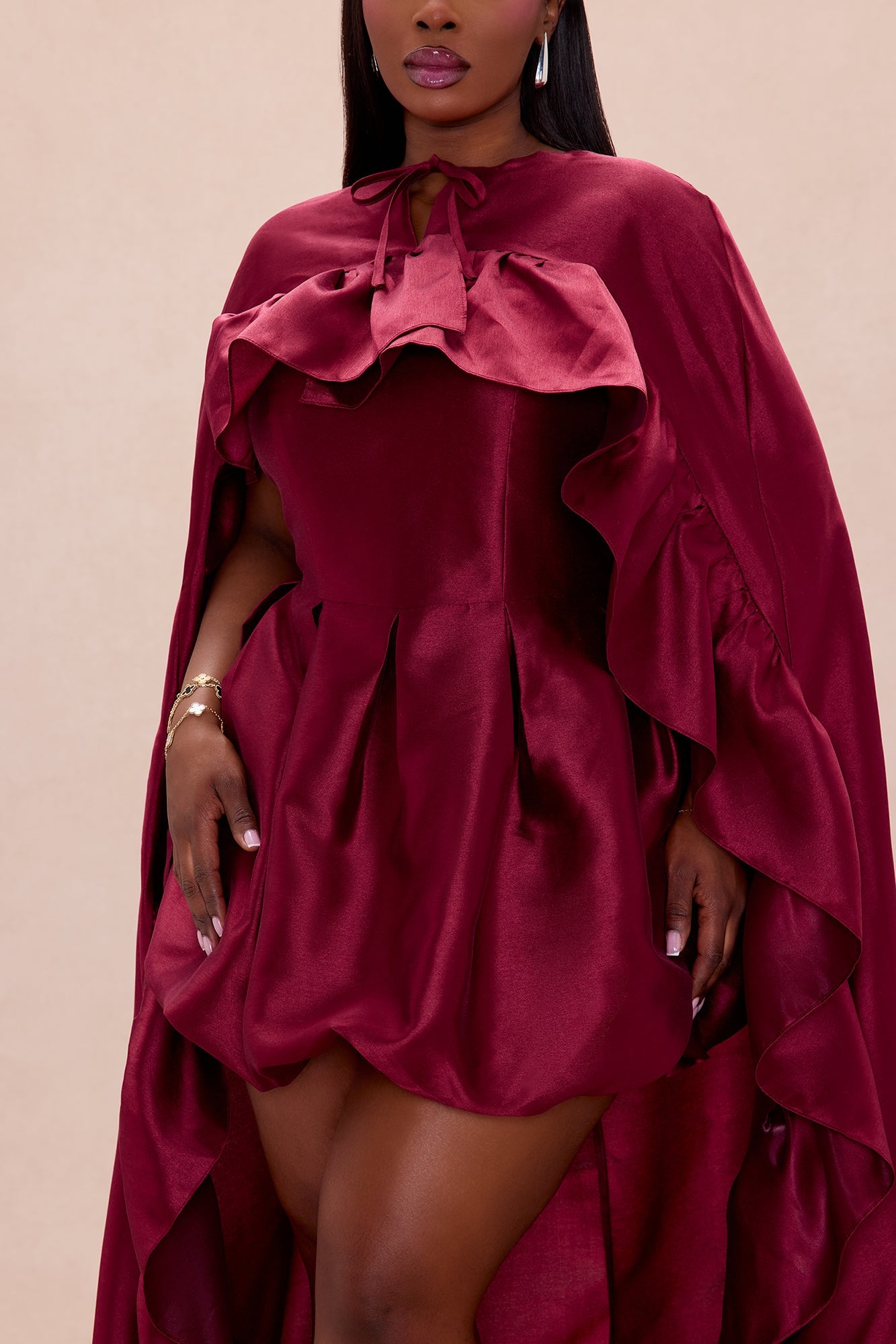 Chic Drama 2 Piece Cape Mini Dress Set - Burgundy