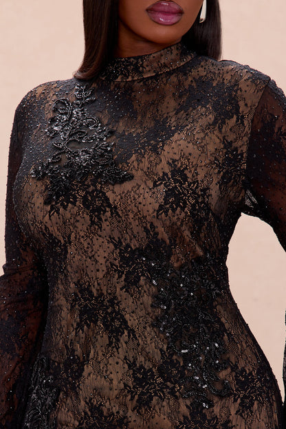 Dark Romance Embellished Lace Maxi Dress - Black