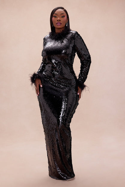 High Glam Feathered Sequin Maxi Dress - Black