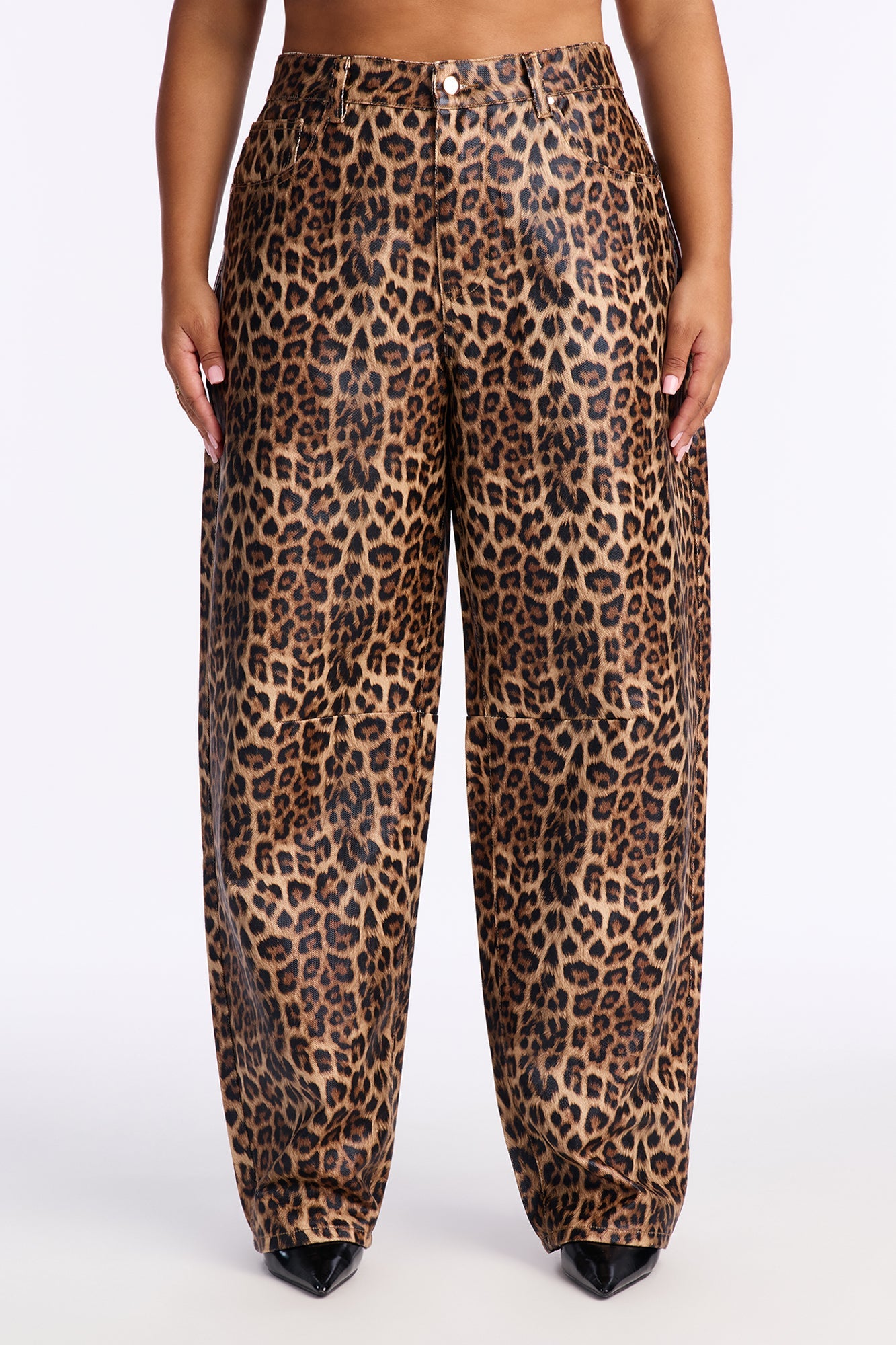 Wild Child Coated Leopard Barrel Leg Pant 32″ - Leopard