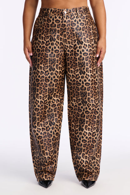 Wild Child Coated Leopard Barrel Leg Pant 32″ - Leopard