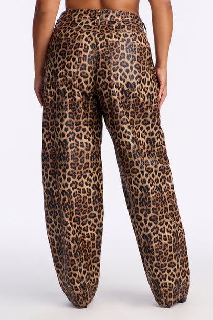 Wild Child Coated Leopard Barrel Leg Pant 32″ - Leopard