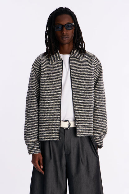 Relaxed Cropped Tweed Bomber Jacket - Grey