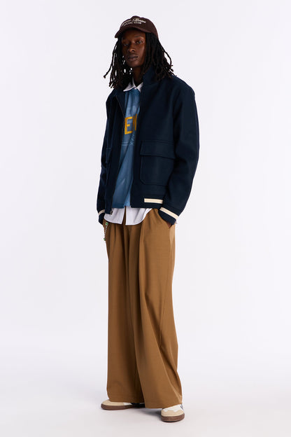Retro Rib Wool Varsity Jacket - Navy