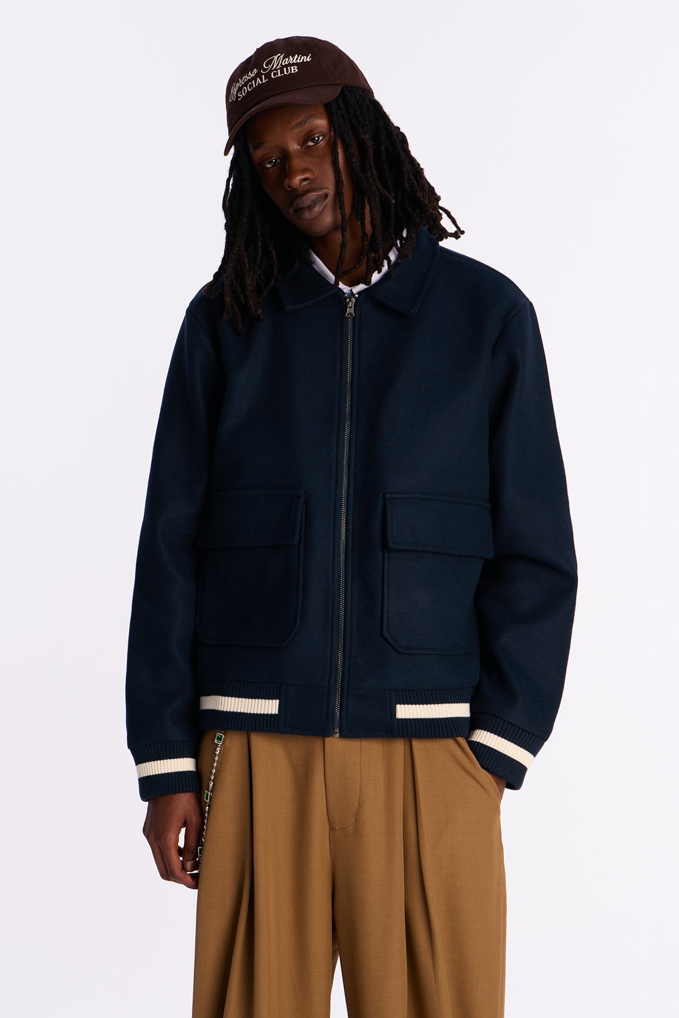 Retro Rib Wool Varsity Jacket - Navy