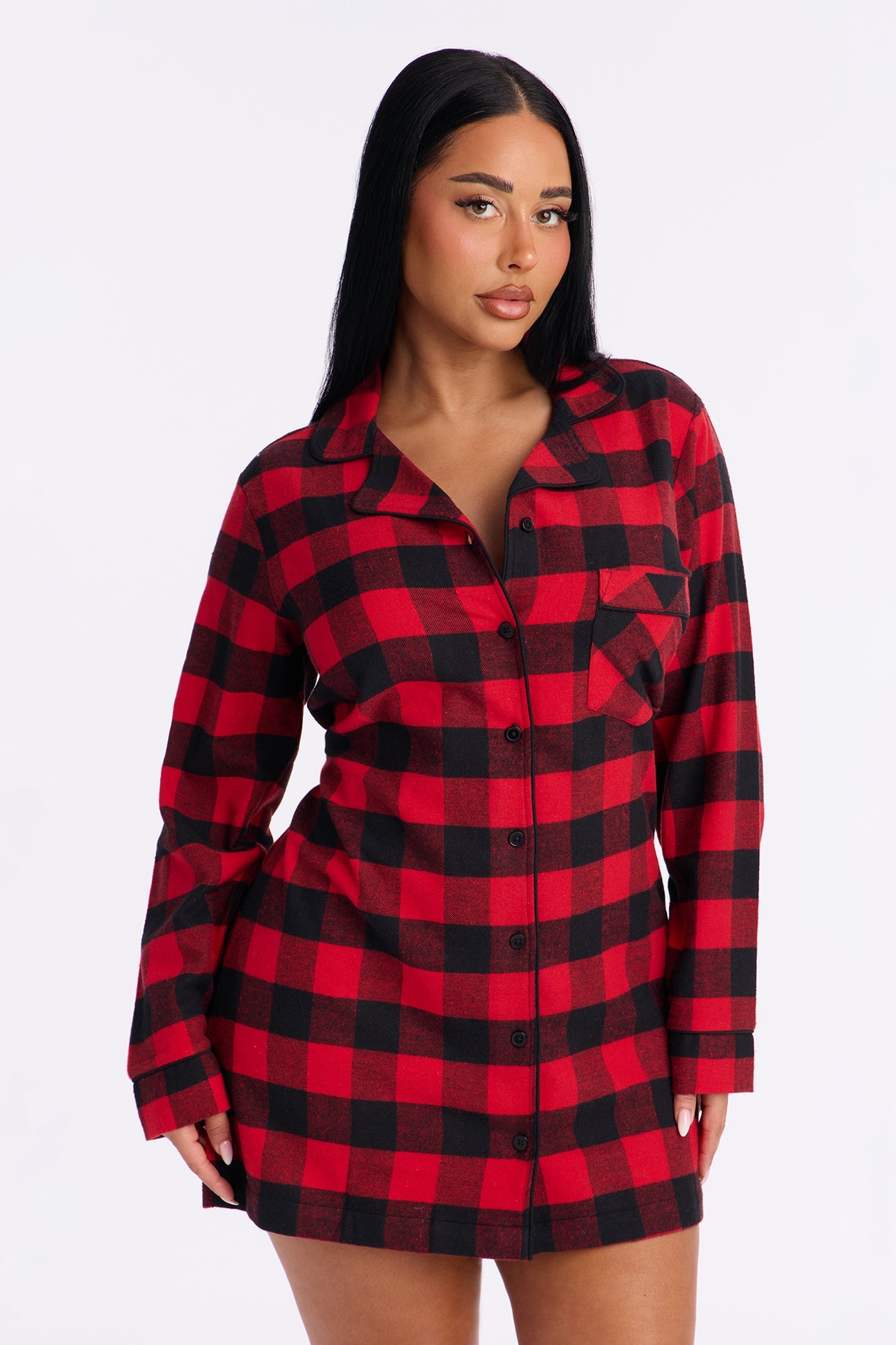 So Chill Flannel Long Sleeve PJ Sleep Shirt - Red/Black