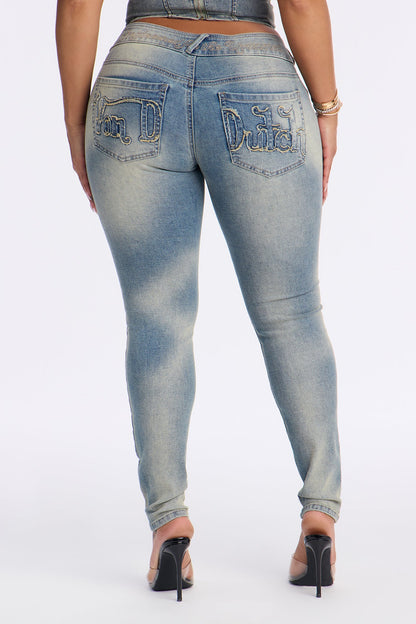 Von Dutch Low Rise Logo Skinny Jeans - Medium Wash