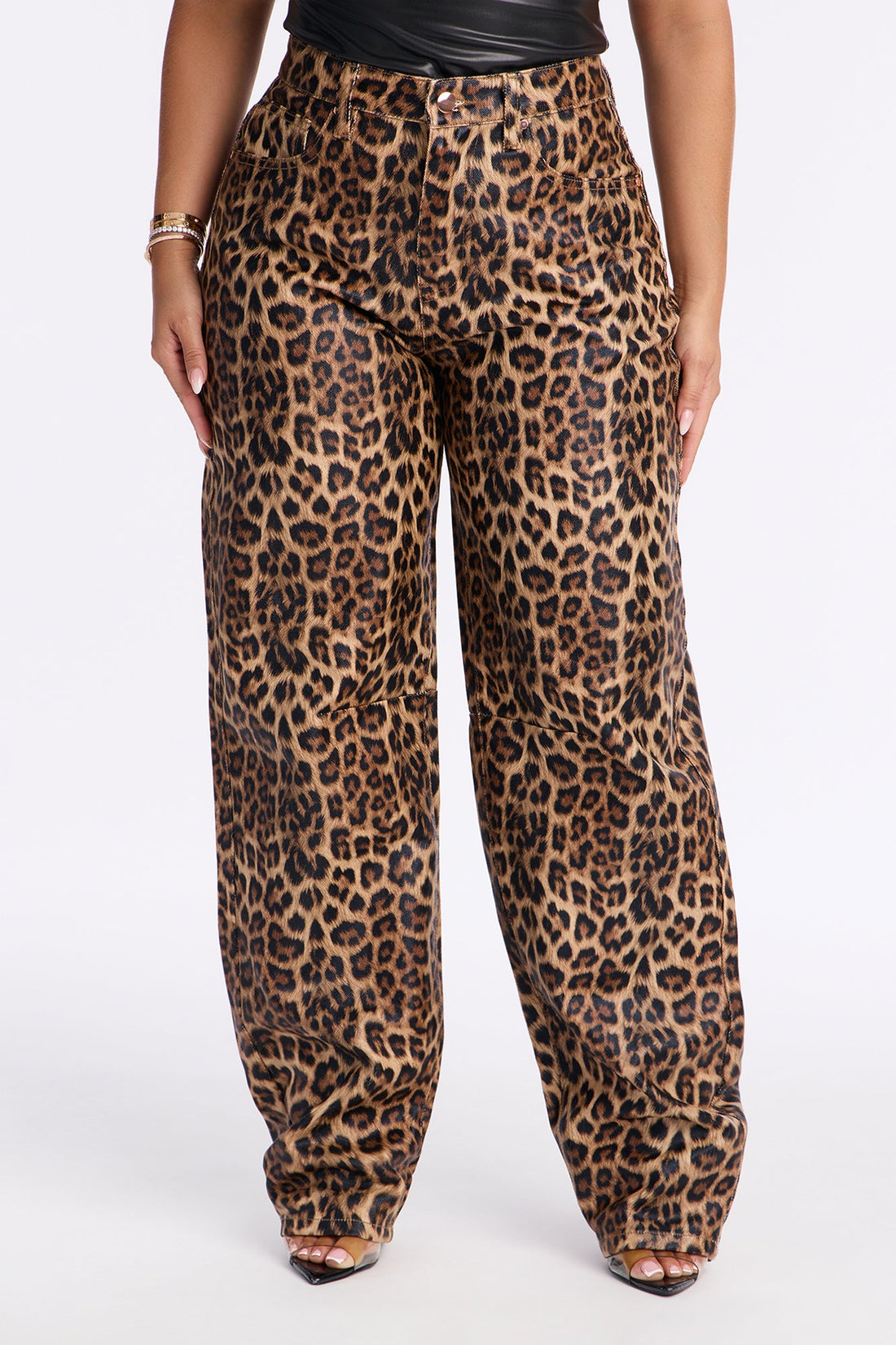 Wild Child Coated Leopard Barrel Leg Pant 32″ - Leopard