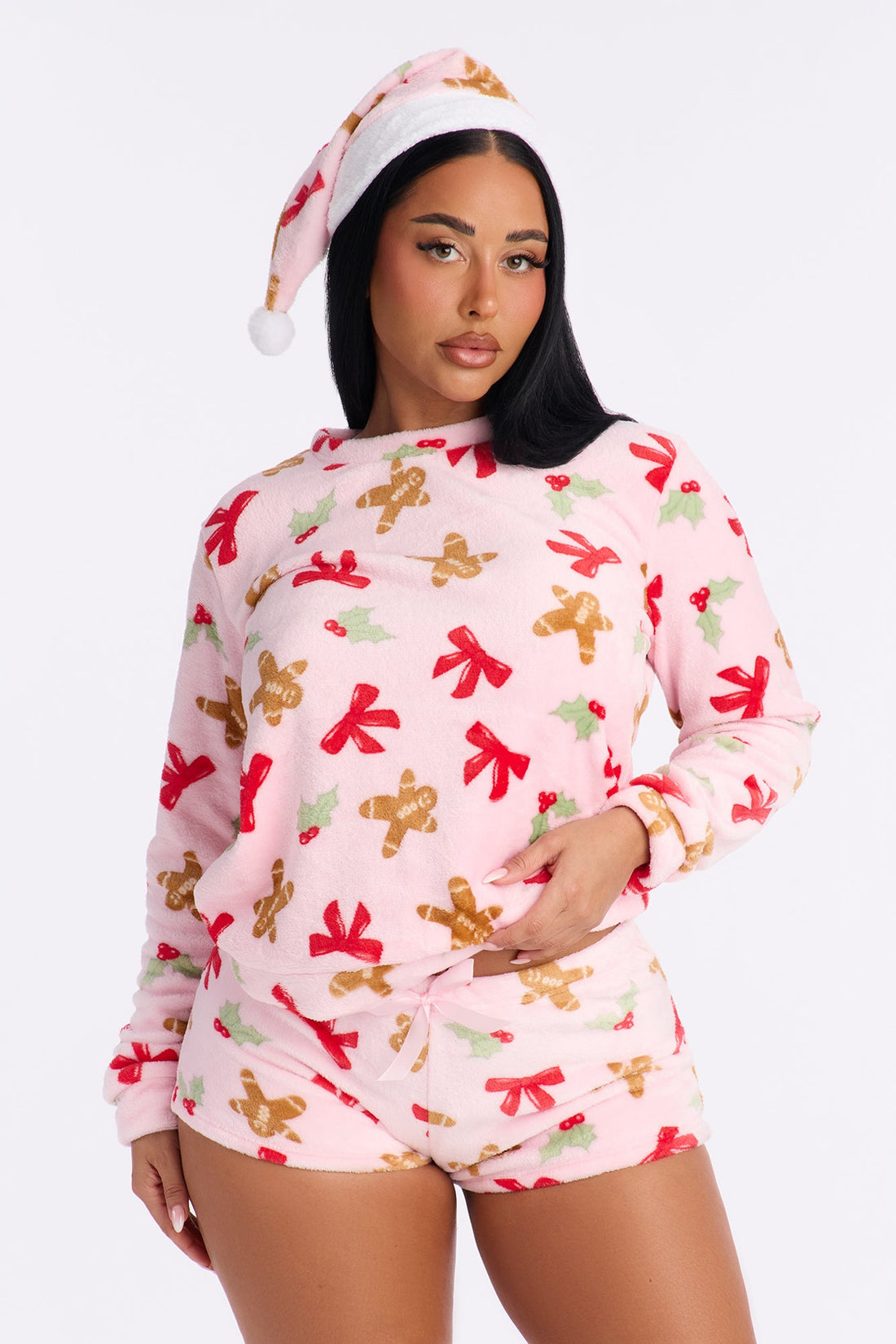 Sweet Gingerbread 3 Piece Plush Crew Neck PJ Short Set - Pink