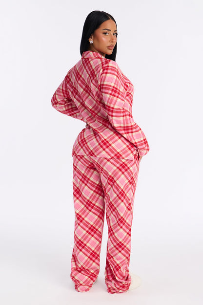 So Chill Flannel Long Sleeve PJ Pant Set - Pink/combo